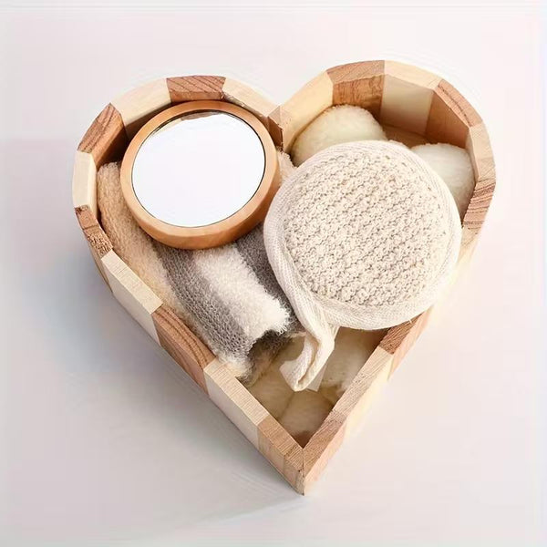 Boxed Heart-Shaped Bath Set - A wooden spa gift kit for bathrooms, featuring a heart-shaped wooden bucket. Includes a loofah, pumice stone, massager, and brush. This natural relaxation and body care kit is ideal for home use and bathroom decoration.