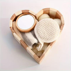 Boxed Heart-Shaped Bath Set - A wooden spa gift kit for bathrooms, featuring a heart-shaped wooden bucket. Includes a loofah, pumice stone, massager, and brush. This natural relaxation and body care kit is ideal for home use and bathroom decoration.