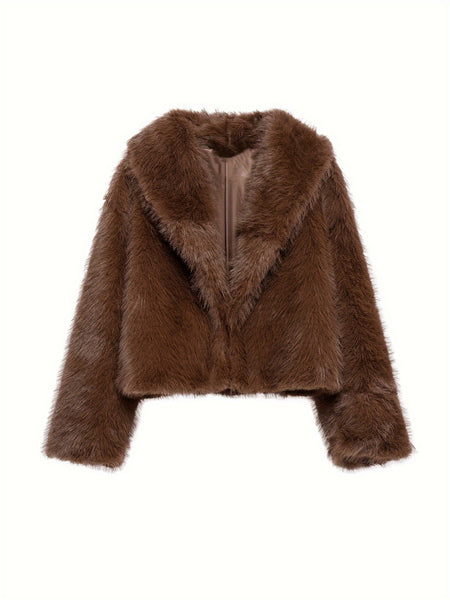 PEACHYZL Women'S Elegant Faux Fur Coat - Thickened Winter Jacket with Plush Lining, Loose Fit Long Sleeve Coat for Fall/Winter, BrownRed/
