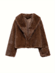 PEACHYZL Women'S Elegant Faux Fur Coat - Thickened Winter Jacket with Plush Lining, Loose Fit Long Sleeve Coat for Fall/Winter, BrownRed/
