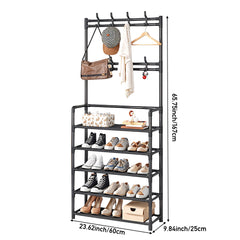 5 Tier Shelves Metal Coat Rack Stand with Shoe Storage Hallway Furniture With 8 Hooks Hanger, Freestanding Shoe and Coat Hat Stand with Non Woven Fabric Storage Shelf, Multi-Functional Metal Hall Tree for Coats, Hats & Shoes Living Room Bedroom