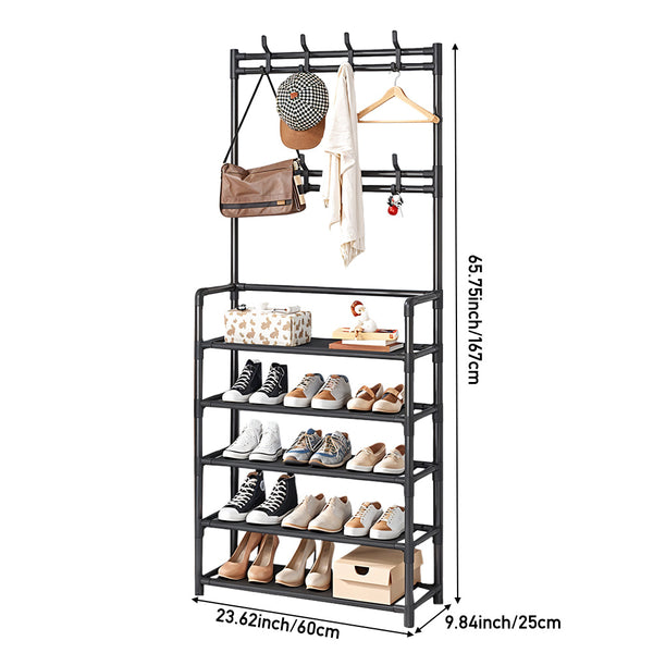 5 Tier Shelves Metal Coat Rack Stand with Shoe Storage Hallway Furniture With 8 Hooks Hanger, Freestanding Shoe and Coat Hat Stand with Non Woven Fabric Storage Shelf, Multi-Functional Metal Hall Tree for Coats, Hats & Shoes Living Room Bedroom
