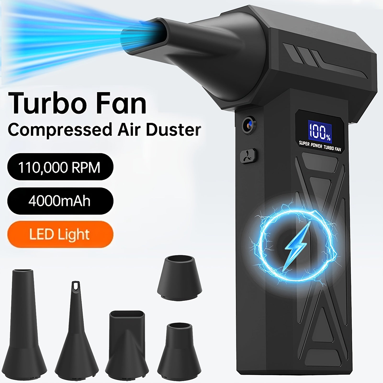 Cordless Electric Air Duster with Turbo Fan - 4-Speed Adjustable, Portable High-Speed Blower Suitable for Car Snow Removal, Dust Blowing, Vehicle Cleaning, Compact Air Blower with Rechargeable Battery & Ergonomic Handle