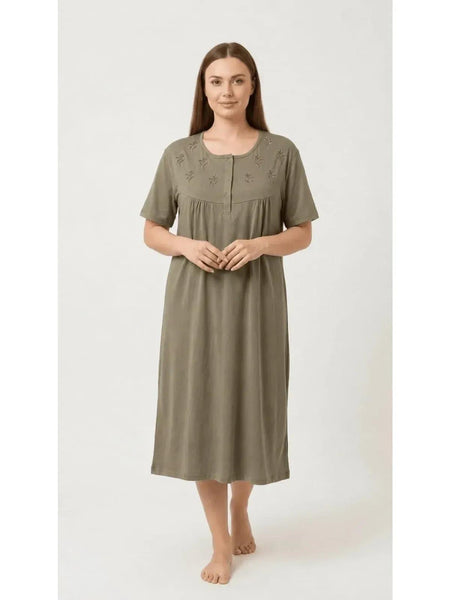 Women'S Nightdress Soft Comfortable Short Sleeve Nightie Button Front Embroidered Sleep Dress Loose Fit Midi Lounge Nightwear House Dress S-XXL