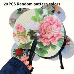 20pcs Foldable Paper Fan Retro Windmill Small Round Paper Style Gift Printed Fan Fan Color Hand Party Random Chinese Decoration