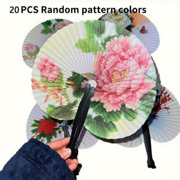 20pcs Foldable Paper Fan Retro Windmill Small Round Paper Style Gift Printed Fan Fan Color Hand Party Random Chinese Decoration