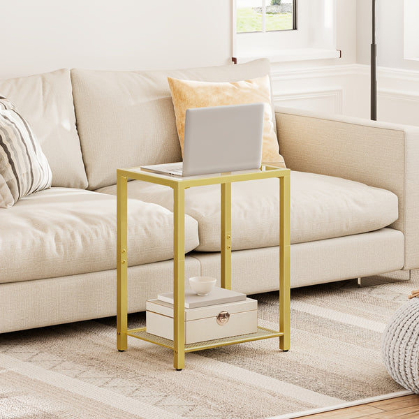 Metal Double-layer Side Table | Golden Frame with Transparent Glass Tabletop, 55cm High, Suitable for Living Room, Bedroom, Balcony, Classic Style by HOOBRO