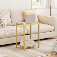 Metal Double-layer Side Table | Golden Frame with Transparent Glass Tabletop, 55cm High, Suitable for Living Room, Bedroom, Balcony, Classic Style by HOOBRO