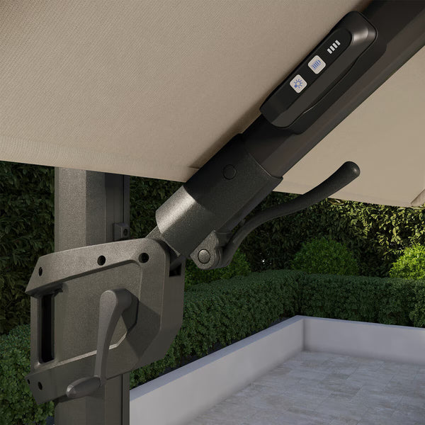 Seasons Sentry 10Ft (3M) Square 2-Tier LED Solar Cantilever Umbrella with Rolling Base in Beige