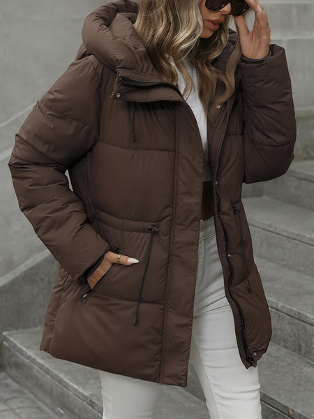 Women'S Thickened Warm Hooded Jacket for Autumn & Winter - Featuring Zipper, Fashionable Casual Adjustable Waistband, Mid-Length Puffy Coat, Suitable for Cold Autumn & Winter Days, Daily Commuting, Outdoor Activities
