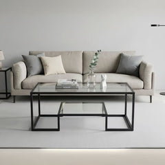 Alivio Modern Coffee Table with Metal Frame & Shelves Storage (Glass)