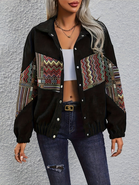 Pieced Ethnic Style Long Sleeve Flap Collar Casual Jacket for Women