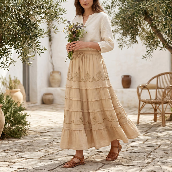Women’s Vacation Tiered Maxi Skirt Elastic Waist Floral Embroidery Ruffle Hem - 20001