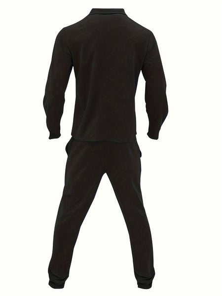 Men'S Fashionable Versatile Lapel Genuine Pocket Outwear Long Sleeve Jacket And Drawstring Solid Color Pocket Pants 2pcs Set