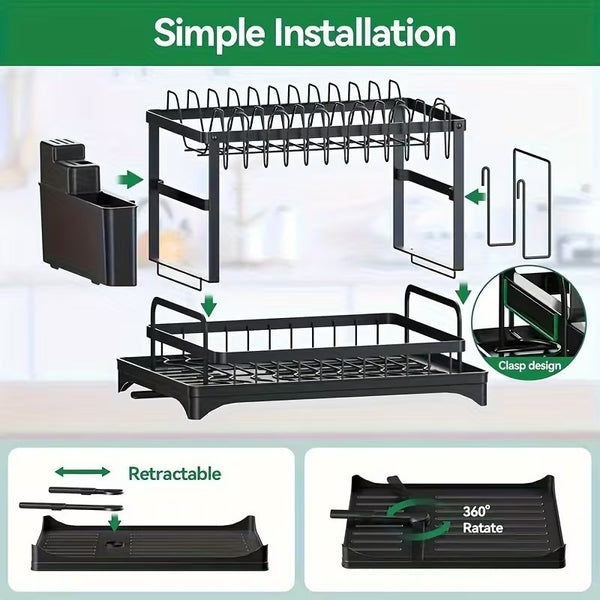2 Tier Dish Drainer Rack for Kitchen Counter - Space-Saving Dish Rack with Utensil Holder and Cutting Board Holder Large Capacity Drying Rack with Draining Board, Black
