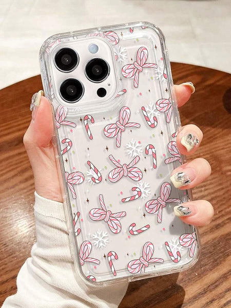 Phone case: 1 Christmas Candy Cane& Bow Transparent Full Coverage Anti-Slip Phone Case Compatible with iPhone 11, 12, XR, 13, 13 Pro, 13 Pro Max, 14, 14 Pro, 14 Pro Max, 15, 15 Pro, 15 Plus, 15 Pro Max, 16, 16 Pro, 16 Plus, 16 Pro Max, 17.