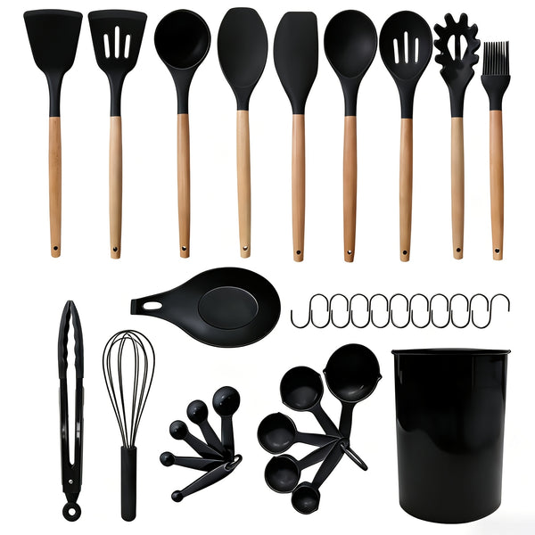 23pcs Silicone Kitchenware And Kitchen Knife Set | Heat Resistant Silicone Cutlery with Wooden Handle | Chef Knife | Non-Stick Friendly Tool | Easy to Cook And Clean | Convenient to Carry | Suitable for School, Home, Outdoor Use | Mother'S Day