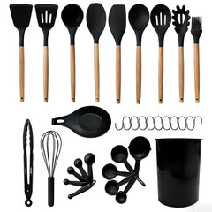 23pcs Silicone Kitchenware And Kitchen Knife Set | Heat Resistant Silicone Cutlery with Wooden Handle | Chef Knife | Non-Stick Friendly Tool | Easy to Cook And Clean | Convenient to Carry | Suitable for School, Home, Outdoor Use | Mother'S Day
