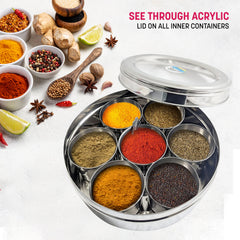 Masala Dabba (Spice Box) | Authentic Indian Style Stainless Steel Masala Dabba | with 7 Removable Compartments & 2 Spoons | See through Lid |