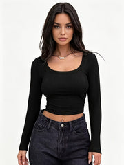 Autumn Winter 3-Pack Y2K Basic Women's T-Shirts, Solid Color Casual Tees, Round Neck Long Sleeve Stretch Sweatshirts, Women's Tops