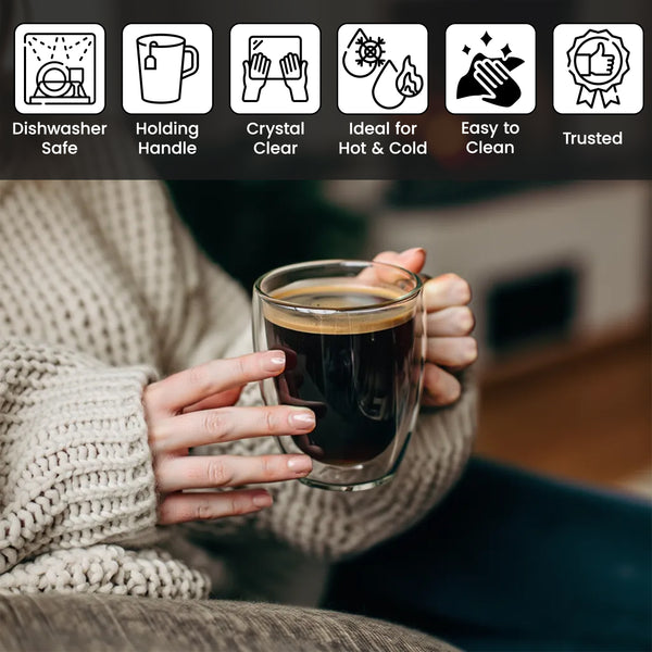 4pcs Double Walled Mugs with Handles 350ml Coffee Borosilicate Glasses Insulated Latte Cups Temperature Heat Resistant for Hot or Cold Drinks Cafe & Tea Glassware Stylish Drinkware for Cappuccino, Latte, Espresso, Tea, Juice, Pack of 4 (Clear)