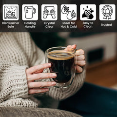 4pcs Double Walled Mugs with Handles 350ml Coffee Borosilicate Glasses Insulated Latte Cups Temperature Heat Resistant for Hot or Cold Drinks Cafe & Tea Glassware Stylish Drinkware for Cappuccino, Latte, Espresso, Tea, Juice, Pack of 4 (Clear)