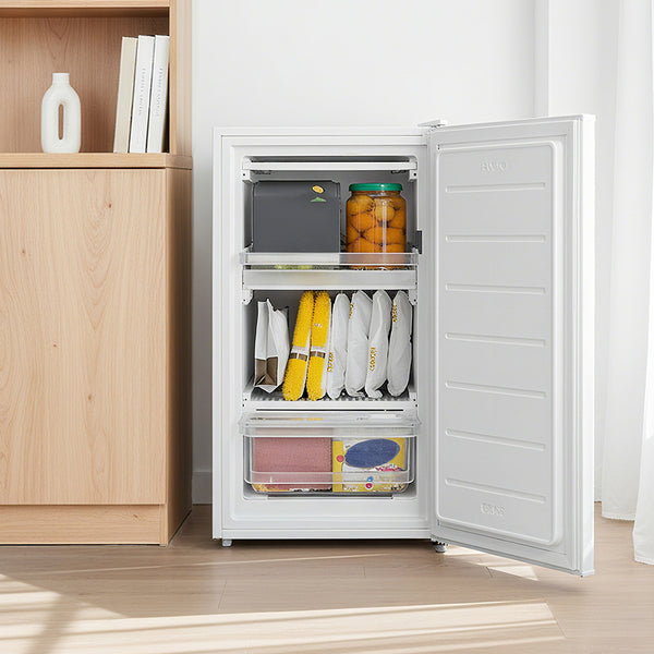 Midea COMFEE' 60 Litre Freestanding Under Counter Freezer – Practical 48cm Upright Model for Compact Spaces Like Offices & Small Kitchens, Adjustable Thermostat, Reversible Door, 4 Star Rating & Drawer – White [Energy Class E]