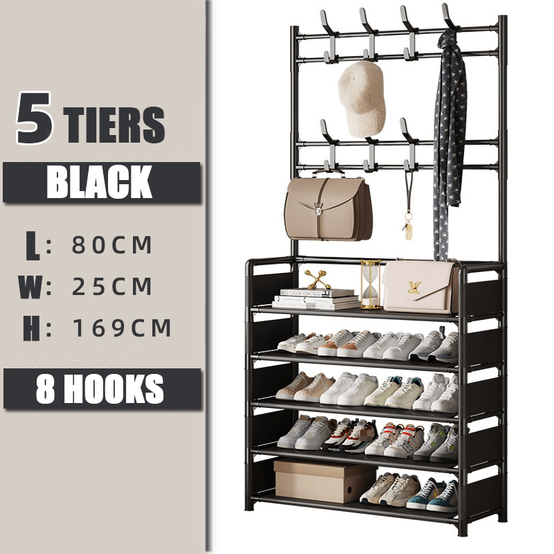 1pc Black Coat Rack Shoe Storage 5 Tiers Metal Stand 8 Hooks Shelves 80Cm Widened for Living Room Bathroom Hallway Office Xmas Gift
