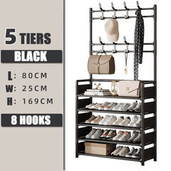 1pc Black Coat Rack Shoe Storage 5 Tiers Metal Stand 8 Hooks Shelves 80Cm Widened for Living Room Bathroom Hallway Office Xmas Gift