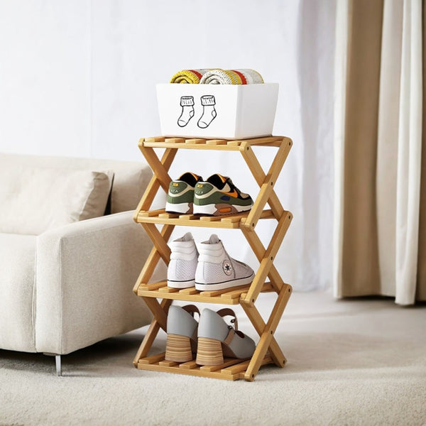 4/5/6/7 Tiers Bamboo Wooden Shoe Rack, Vertical Shoe Racks Storage Shelves Tall Shoe Tower, Collapsible Narrow Shoe Stand, Installation Free Folding X-Shape Shoe Racks Sneakers Slippers Holder Organizer, Multi Functional Shoe Rack Durable Footwear Cabinet