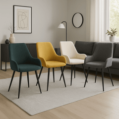 MOF Set of 4 Dining Chairs with Armrests - Mid-Century Upholstered Dining Chairs with Soft Cushioned Seat & Black Metal Legs for Dining Room, Living Room, Kitchen or Vanity Chair