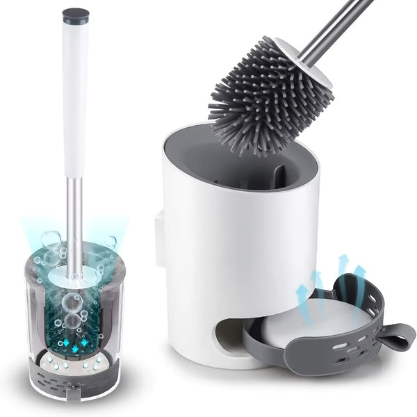 Soft Bristle Toilet Brush Bracket Set, Round Bathroom Toilet Cleaning Brush, Modern Design Deep Cleaning Toilet Brush, Sturdy Long Handle, Quick-drying Toilet Brush Set, White