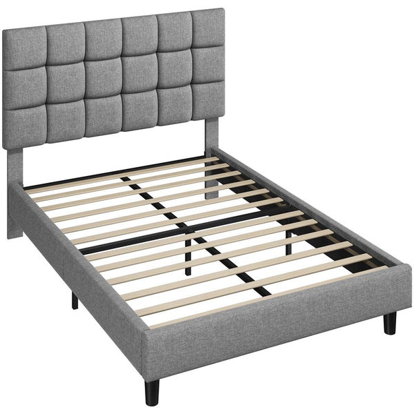 Costoffs Upholstered Bed Frame, Fabric Bed Frame with Fabric Headboard, Modern Platform Bed Frame with Strong Wooden Slats, Support and Square Tufted Headboard Height Adjustable, Double/King, Dark Gray/Light Gray/Beige