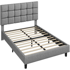 Costoffs Upholstered Bed Frame, Fabric Bed Frame with Fabric Headboard, Modern Platform Bed Frame with Strong Wooden Slats, Support and Square Tufted Headboard Height Adjustable, Double/King, Dark Gray/Light Gray/Beige