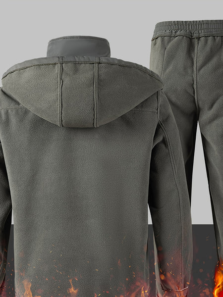 Men's Casual  Set: Warm Fleece-Lined Jacket & Cargo Pants with Zipper Hood - Durable Polyester, Multiple Pockets, Ideal for  & Camping