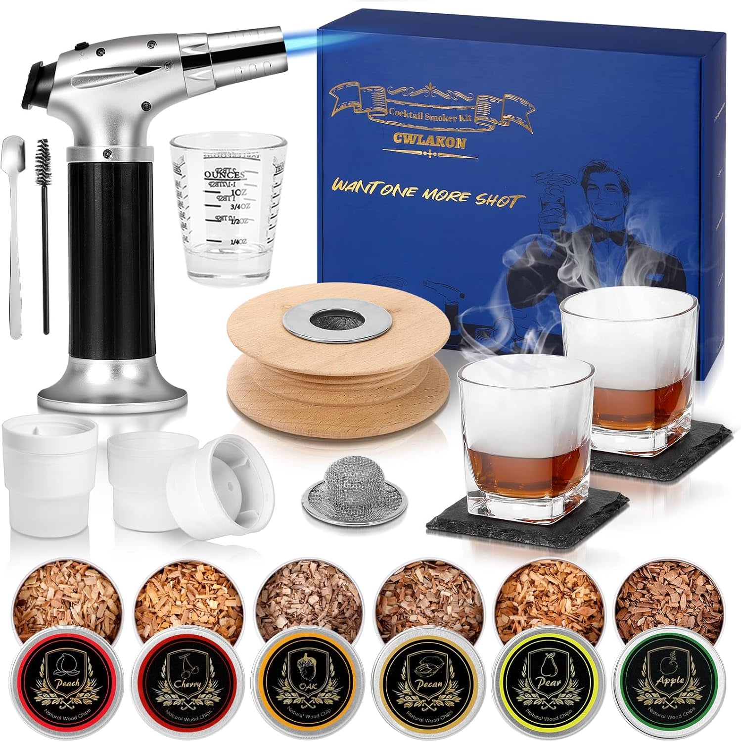 CWLAKON Cocktail Smoker Kit with Torch, Bourbon Whiskey Smoker Infuser Kit, 6 Flavors Wood Chips, 2 Glasses, Old Fashioned Drink Smoker Kit, Christmas Birthday Gifts for Men, Dad, Husband(No Butane)