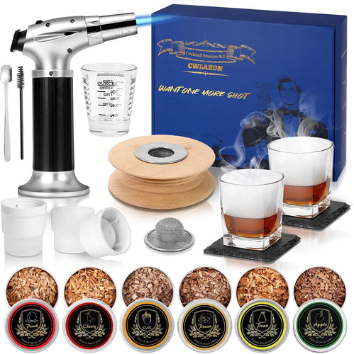 CWLAKON Cocktail Smoker Kit with Torch, Bourbon Whiskey Smoker Infuser Kit, 6 Flavors Wood Chips, 2 Glasses, Old Fashioned Drink Smoker Kit, Christmas Birthday Gifts for Men, Dad, Husband(No Butane)