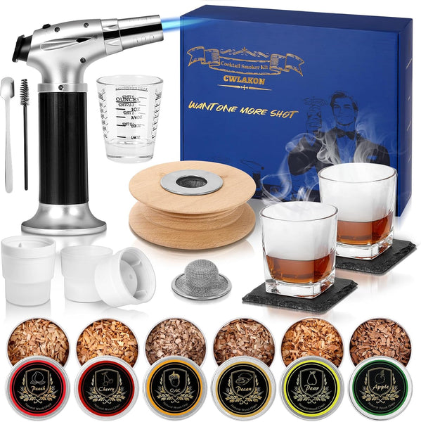CWLAKON Cocktail Smoker Kit with Torch, Bourbon Whiskey Smoker Infuser Kit, 6 Flavors Wood Chips, 2 Glasses, Old Fashioned Drink Smoker Kit, Christmas Birthday Gifts for Men, Dad, Husband(No Butane)