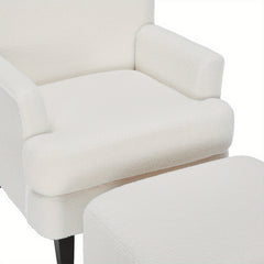 White Teddy Fabric Lounge Chair with Ottoman - 69x58x85.5cm Plush Armchair, Sponge Cushion & Plywood Frame, for Living Room/Bedroom (Black Wooden Legs)