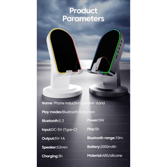 Wireless Induction Speaker Dock with Bluetooth Connection, Vertical Phone Holder, Ambient Lighting, Portable Design