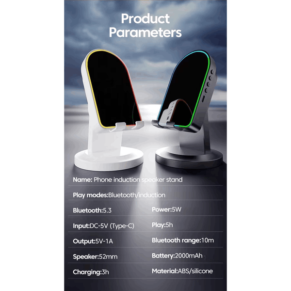 Wireless Induction Speaker Dock with Bluetooth Connection, Vertical Phone Holder, Ambient Lighting, Portable Design