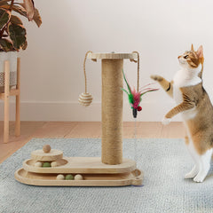 Interactive Solid Wood Cat Scratching Post, Cat Turntable, Cat Teasing Stick, Cat Scratching Board, Durable Cat Toy, Sisal Cat Climbing Frame, Elliptical Turntable