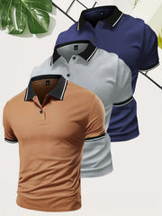 3pcs Set of Summer Collared Men'S Short Sleeve Polo Shirts Solid Color Plain Multicolor Golf Shirts Casual Athletic Wear Men'S Top