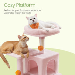 112 cm Cat Tree, Multi-Level Soft Plush Cat Tree, Cat Tower Condo with 4 Cat Scratching Posts, Hammock, Cave, Platform, Toys, Pink/White/Beige/Grey, Easy Assembly and Sturdy, Indoor Cat Furniture