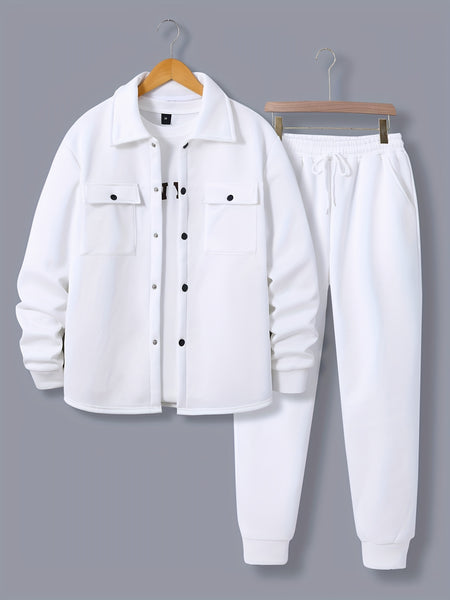 Men'S Fashionable Versatile Lapel Genuine Pocket Outwear Long Sleeve Jacket And Drawstring Solid Color Pocket Pants 2pcs Set