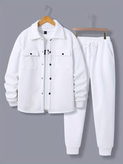 Men'S Fashionable Versatile Lapel Genuine Pocket Outwear Long Sleeve Jacket And Drawstring Solid Color Pocket Pants 2pcs Set
