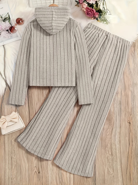 A Set of Women's Ribbed Letter Applique Hoodie and Flared Pants