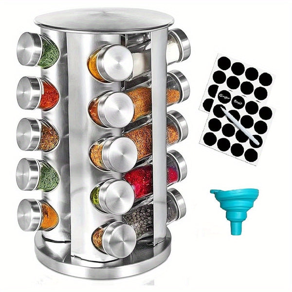 1Set Rotating Spice Rack with Glass Containers - 20pcs Refillable Spice Jars, Black Lids & Labels, Wall-Mounted Kitchen Organizer for Spices, Herbs, and Seasonings, Space-Saving Design for Countertop or Pantry, Spice Jars for Kitchen, Countertop Storage,