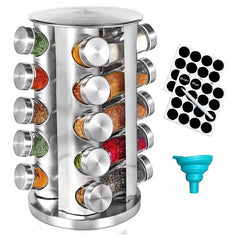 1Set Rotating Spice Rack with Glass Containers - 20pcs Refillable Spice Jars, Black Lids & Labels, Wall-Mounted Kitchen Organizer for Spices, Herbs, and Seasonings, Space-Saving Design for Countertop or Pantry, Spice Jars for Kitchen, Countertop Storage,