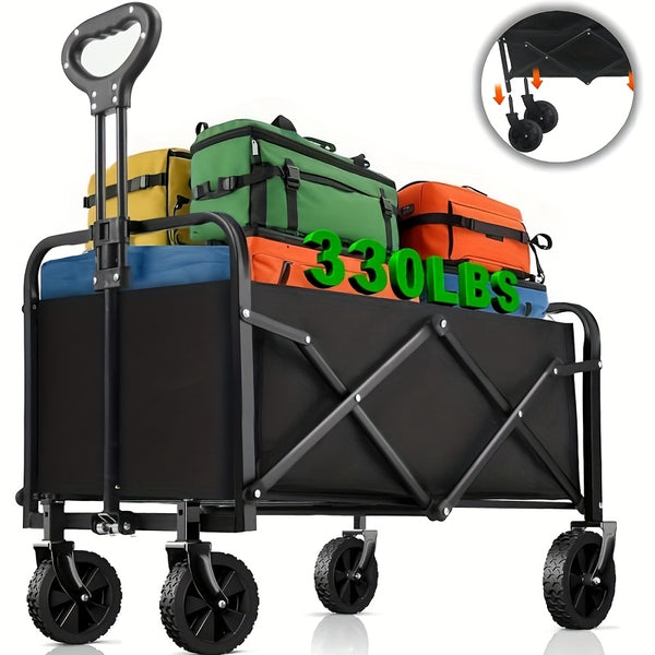 Large Heavy- Duty Folding Wagon- with All- Terrain Wheels, Utility Grocery Wagon, with Two Side, Sturdy Construction, Rolling Storage Cart for Camping, Shopping, Gardening & Outdoor Activities 70.1x39.12x44.96cm